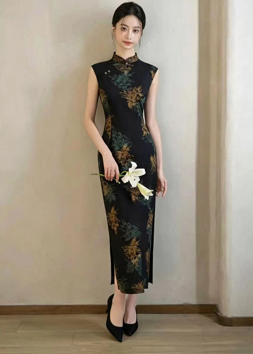 Chinese Style Black Stand Collar Print Side Open Dress Sleeveless