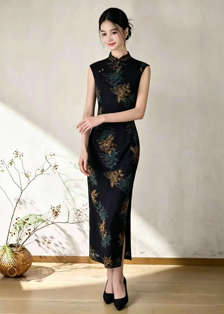 Chinese Style Black Stand Collar Print Side Open Dress Sleeveless