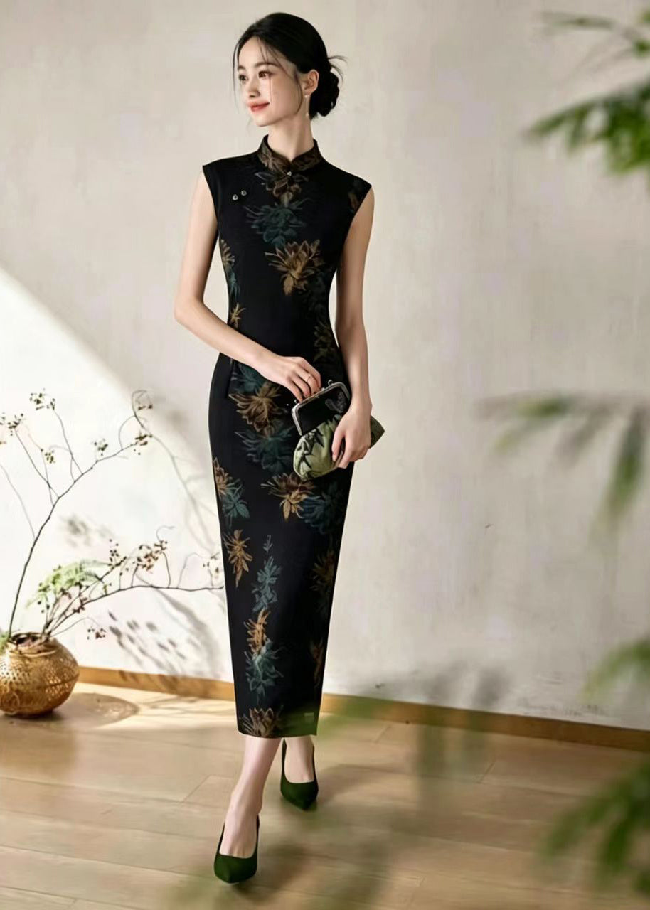 Chinese Style Black Stand Collar Print Side Open Dress Sleeveless