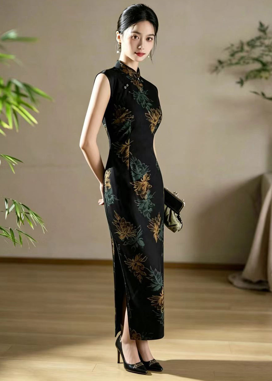 Chinese Style Black Stand Collar Print Side Open Dress Sleeveless