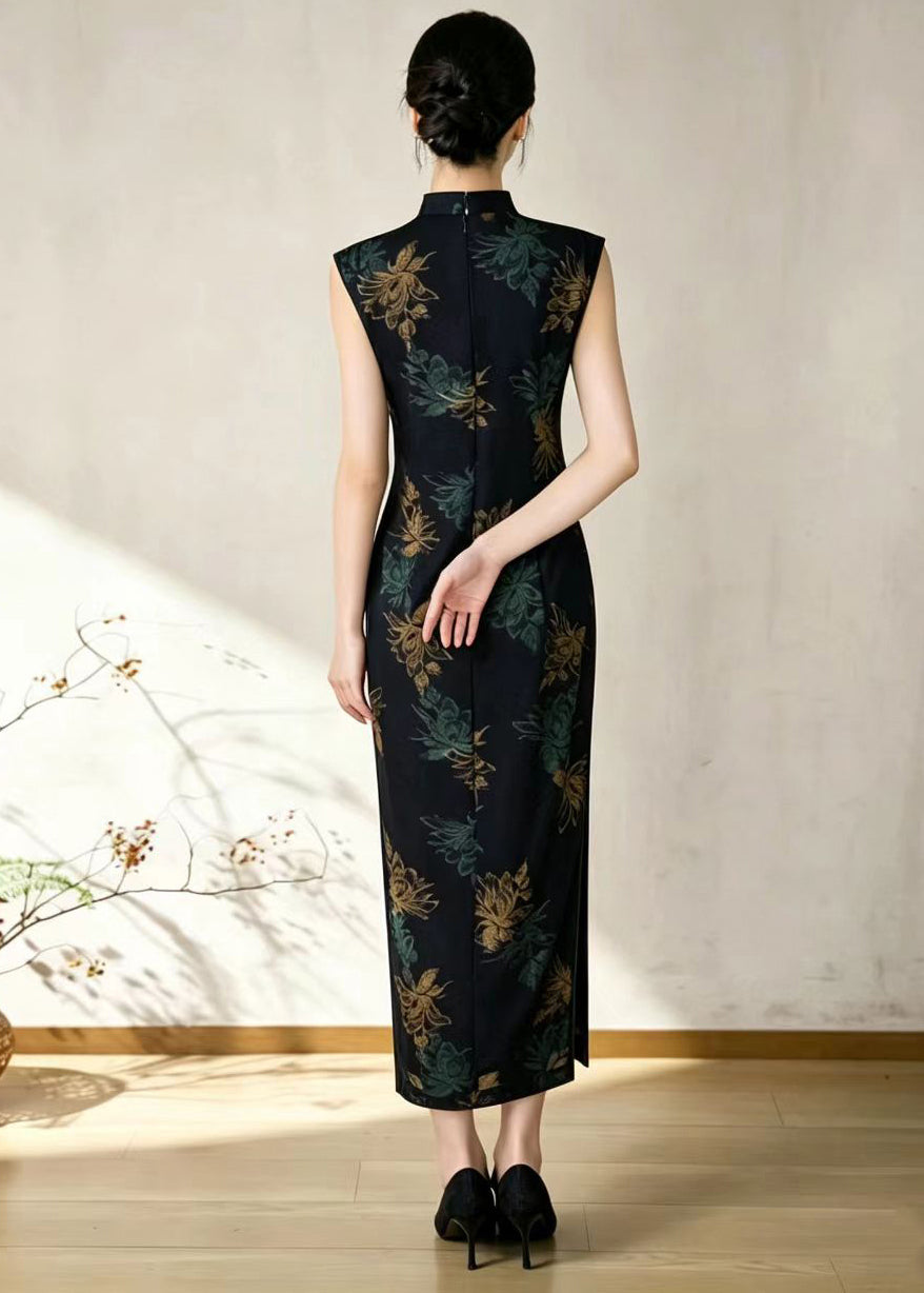 Chinese Style Black Stand Collar Print Side Open Dress Sleeveless