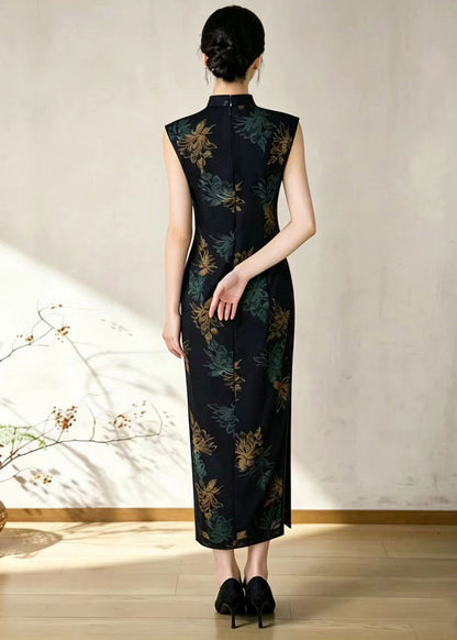 Chinese Style Black Stand Collar Print Side Open Dress Sleeveless