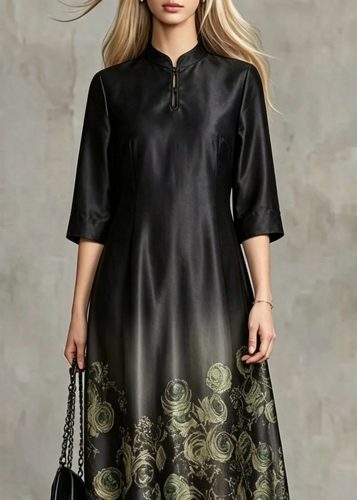 Chinese Style Black Stand Collar Print Silk Long Dresses Summer