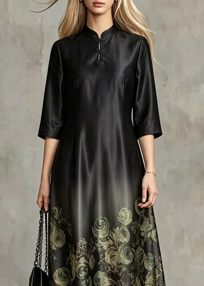 Chinese Style Black Stand Collar Print Silk Long Dresses Summer