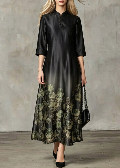 Chinese Style Black Stand Collar Print Silk Long Dresses Summer
