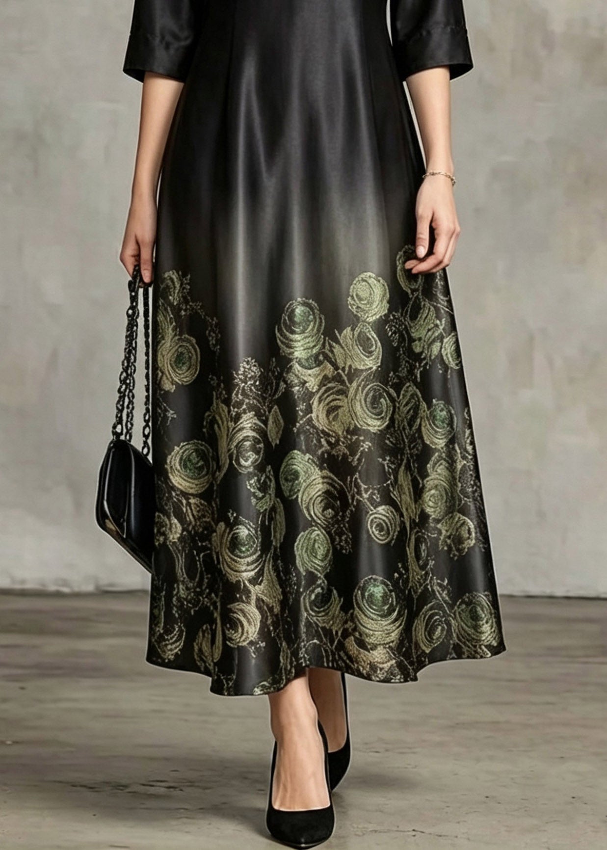 Chinese Style Black Stand Collar Print Silk Long Dresses Summer
