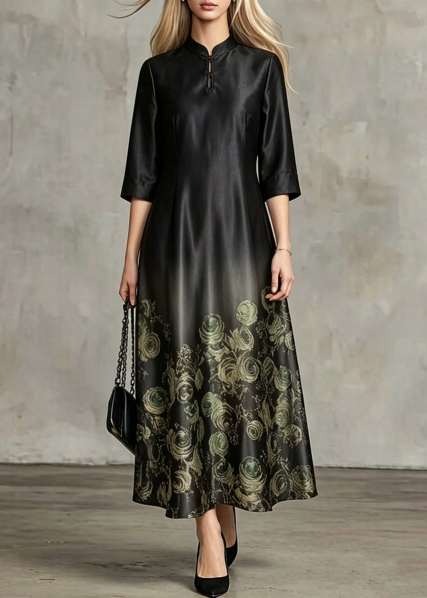 Chinese Style Black Stand Collar Print Silk Long Dresses Summer