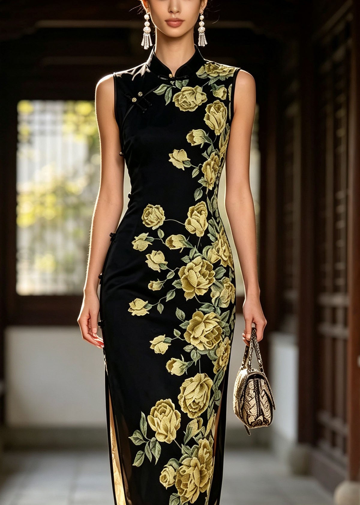 Chinese Style Black Stand Collar Print Tulle Dress Sleeveless