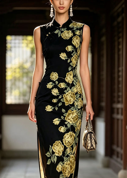 Chinese Style Black Stand Collar Print Tulle Dress Sleeveless