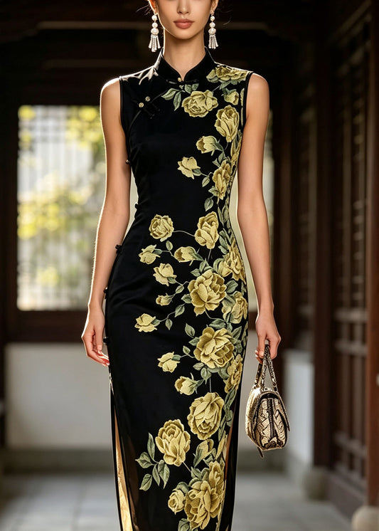 Chinese Style Black Stand Collar Print Tulle Dress Sleeveless