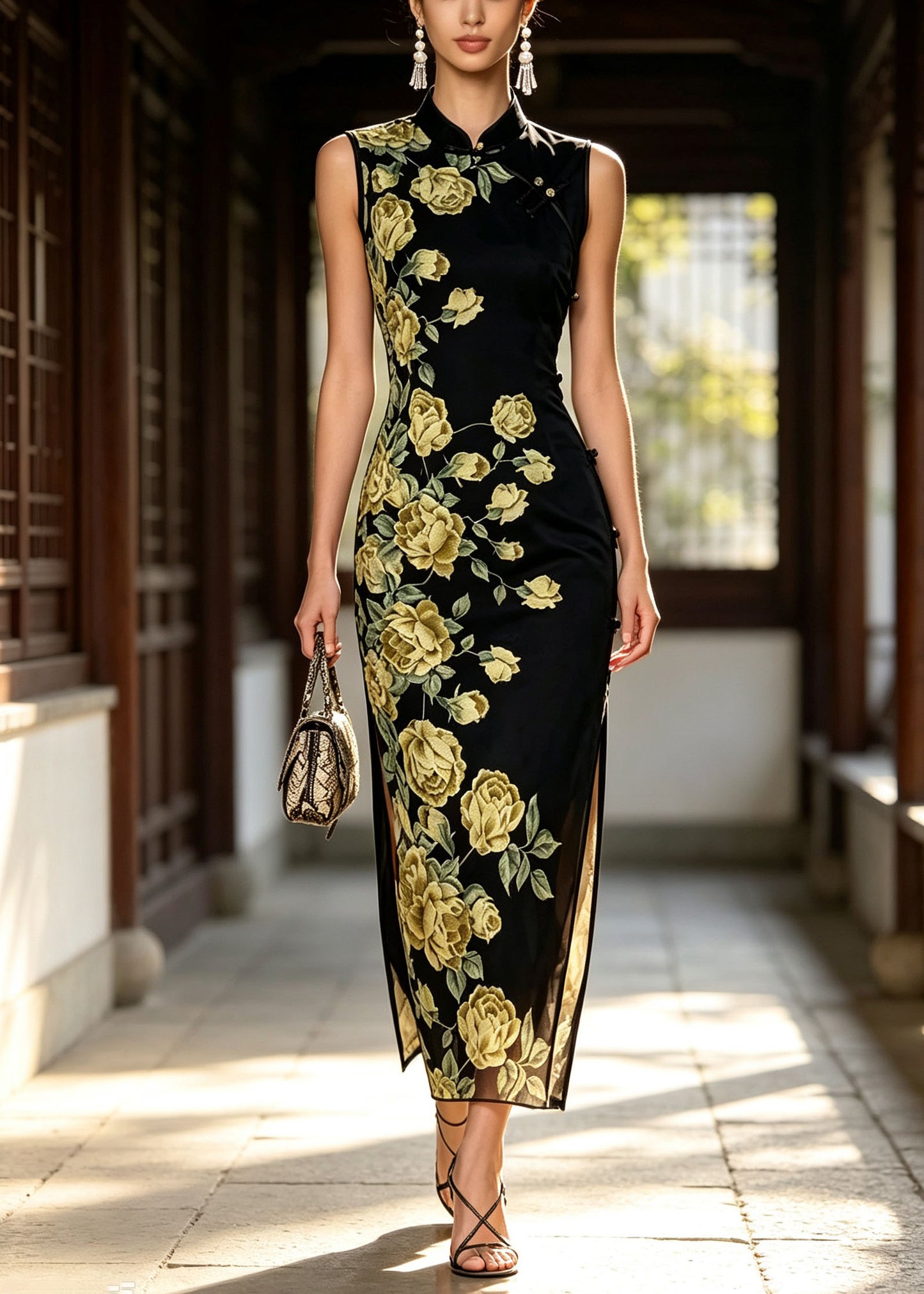Chinese Style Black Stand Collar Print Tulle Dress Sleeveless