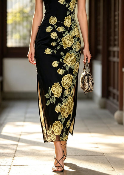 Chinese Style Black Stand Collar Print Tulle Dress Sleeveless