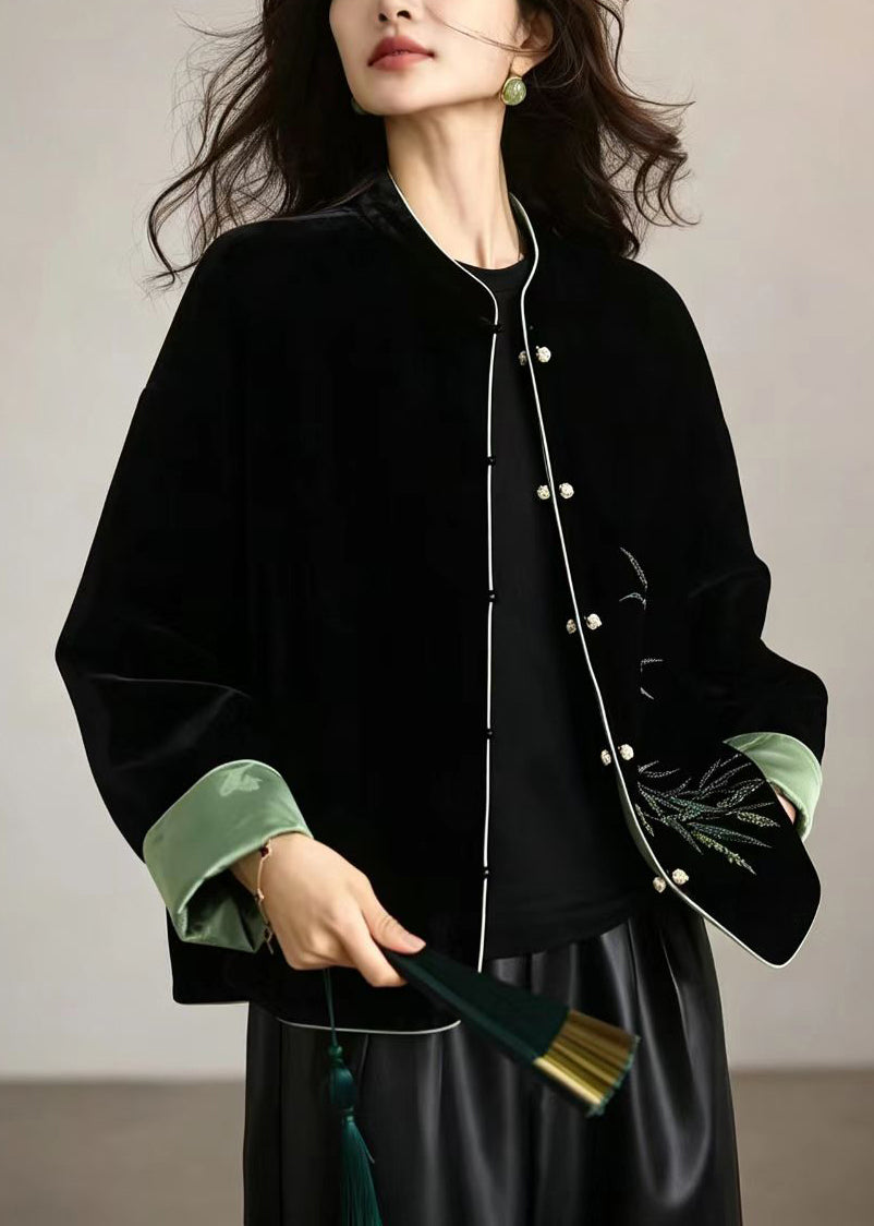 Chinese Style Black Stand Collar Reversible Velour Jacket Fall