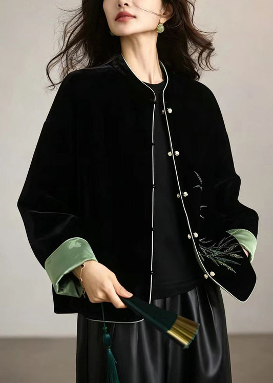 Chinese Style Black Stand Collar Reversible Velour Jacket Fall