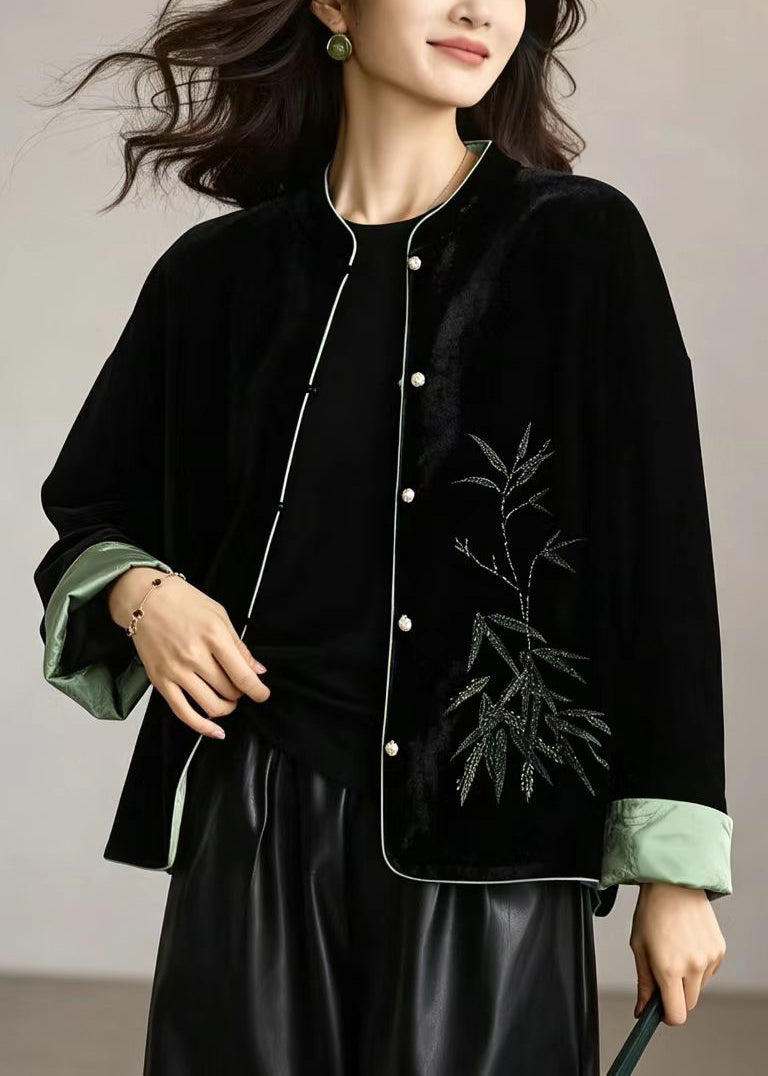 Chinese Style Black Stand Collar Reversible Velour Jacket Fall