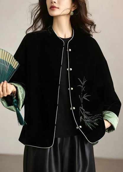 Chinese Style Black Stand Collar Reversible Velour Jacket Fall