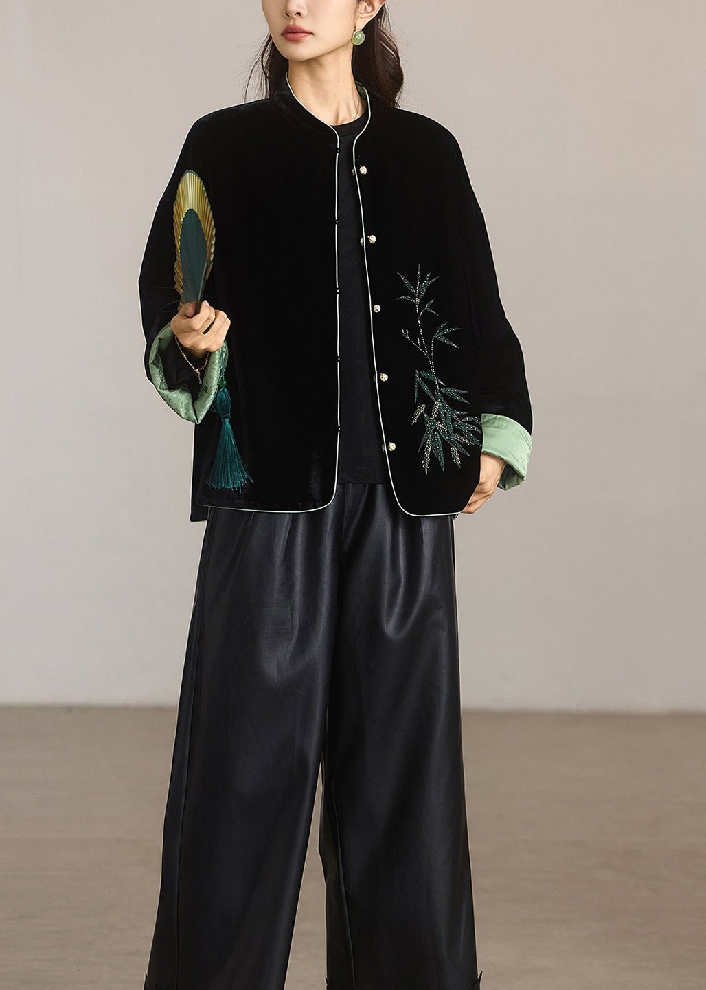 Chinese Style Black Stand Collar Reversible Velour Jacket Fall