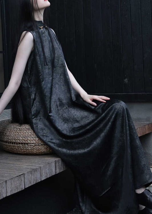 Chinese Style Black Stand Collar Solid Maxi Dress Sleeveless