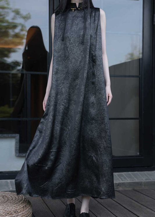 Chinese Style Black Stand Collar Solid Maxi Dress Sleeveless