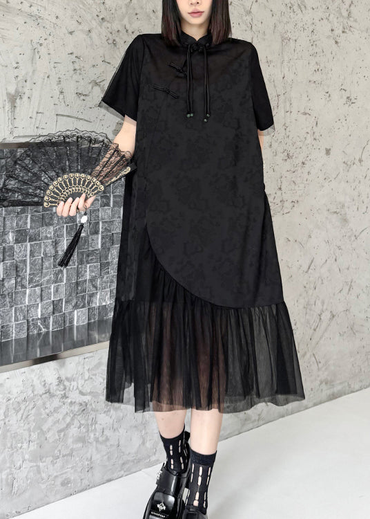Chinese Style Black Tasseled Print Tulle Patchwork Silk Dresses Summer