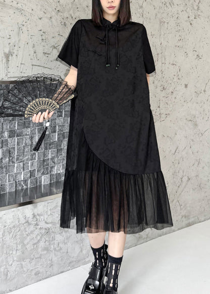 Chinese Style Black Tasseled Print Tulle Patchwork Silk Dresses Summer