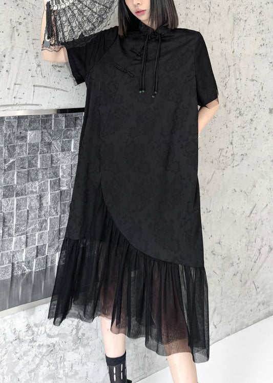 Chinese Style Black Tasseled Print Tulle Patchwork Silk Dresses Summer