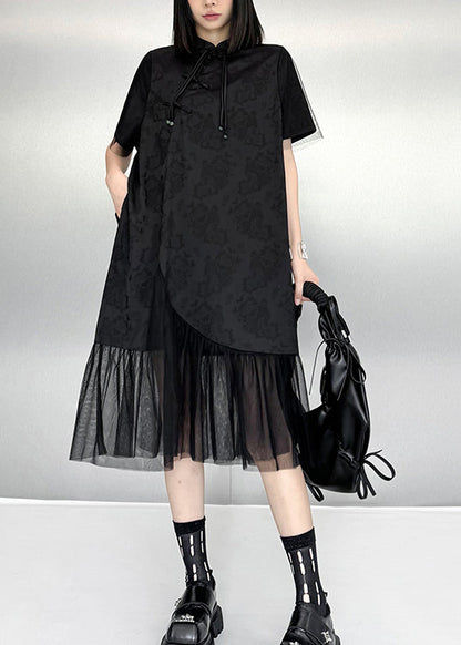 Chinese Style Black Tasseled Print Tulle Patchwork Silk Dresses Summer