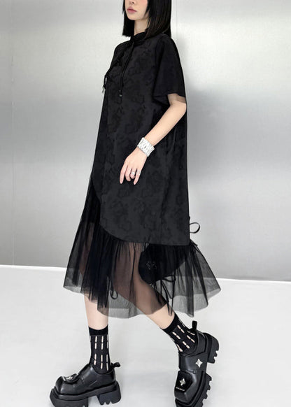 Chinese Style Black Tasseled Print Tulle Patchwork Silk Dresses Summer