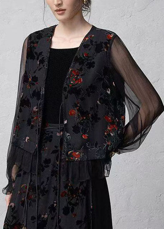 Chinese Style Black V Neck Jacquard Lace Up Silk Cardigans Summer