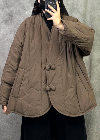 Chinese Style Black V Neck Pockets Duck Down Winter Coats