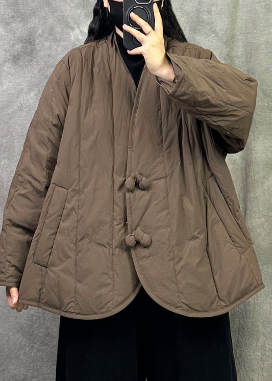 Chinese Style Black V Neck Pockets Duck Down Winter Coats