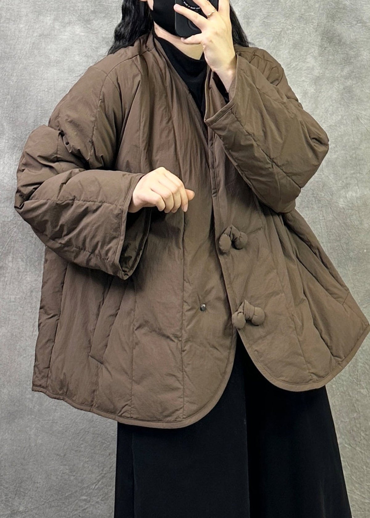 Chinese Style Black V Neck Pockets Duck Down Winter Coats