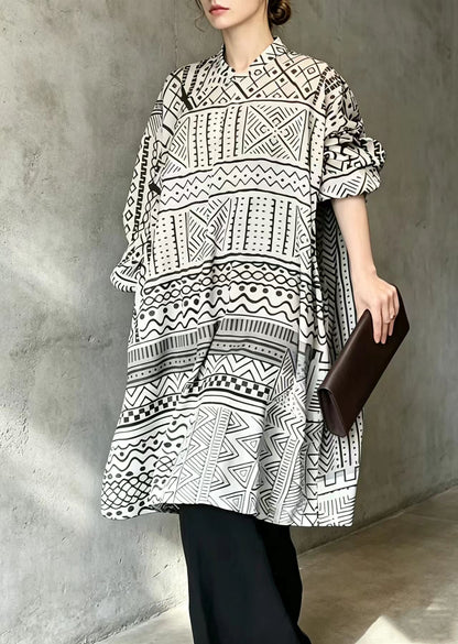 Chinese Style Black White Geometric Print Dress Long Sleeve