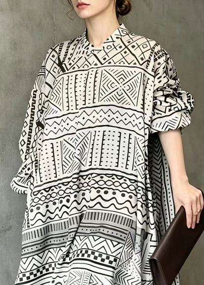 Chinese Style Black White Geometric Print Dress Long Sleeve