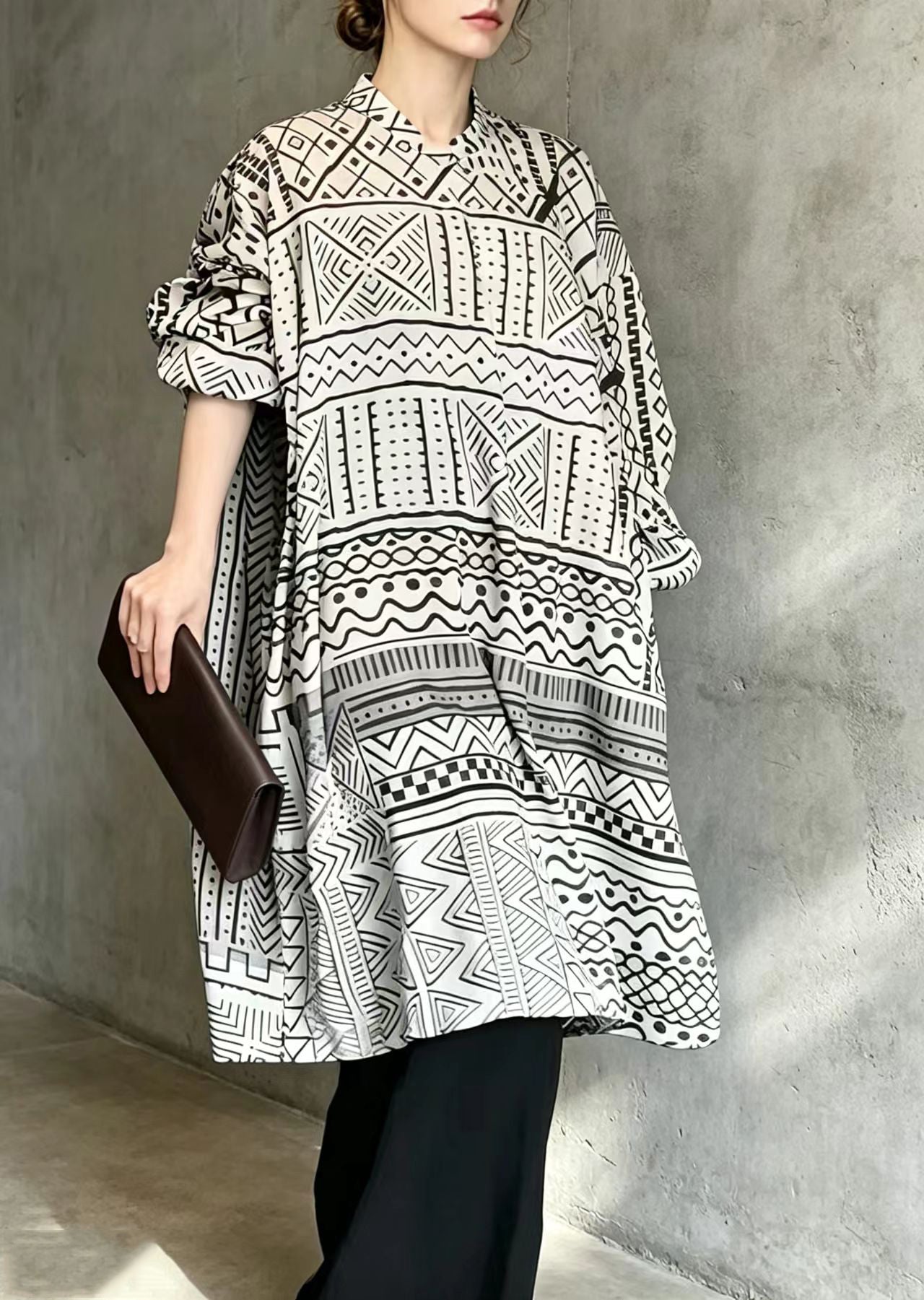 Chinese Style Black White Geometric Print Dress Long Sleeve