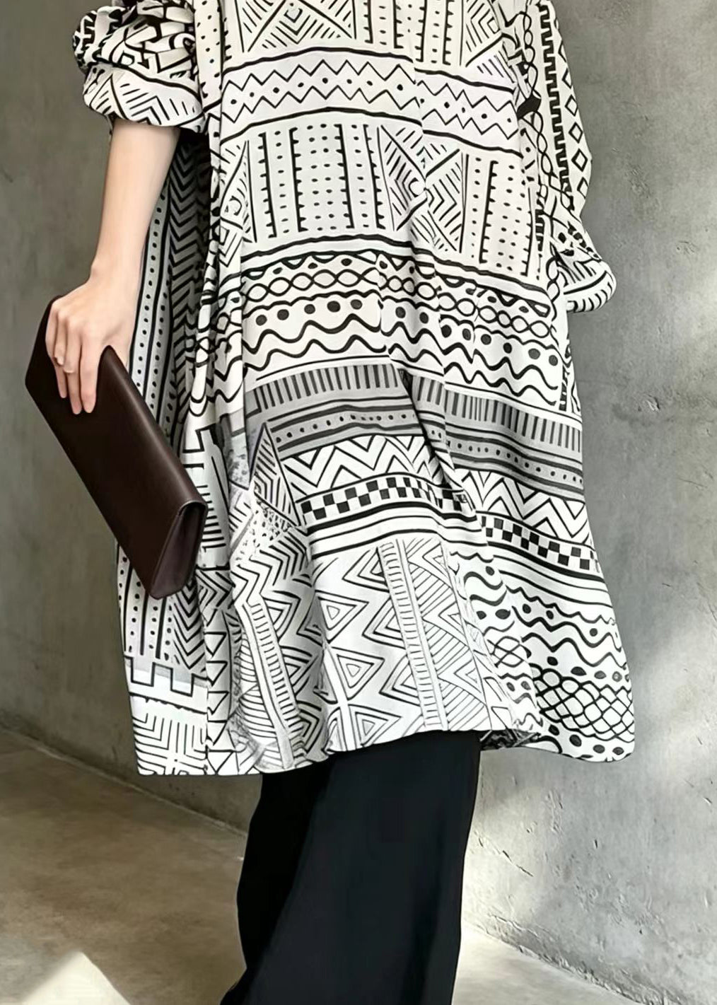 Chinese Style Black White Geometric Print Dress Long Sleeve