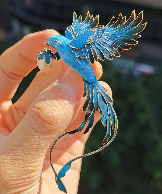 Chinese Style Blue Alloy Ename Bluebird Holding Pearl Brooches