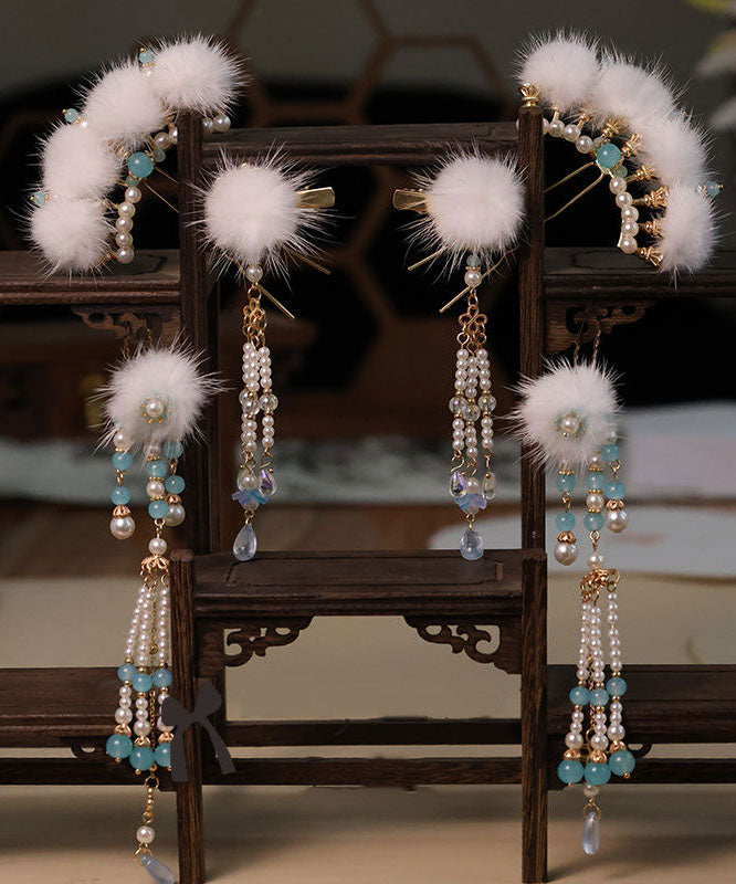 Chinese Style Blue Alloy Pearl Colored Glaze Mink Hair Hairpin Three-piece set