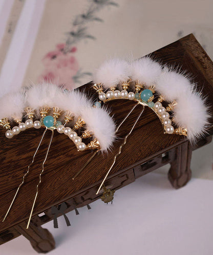 Chinese Style Blue Alloy Pearl Colored Glaze Mink Hair Hairpin Three-piece set