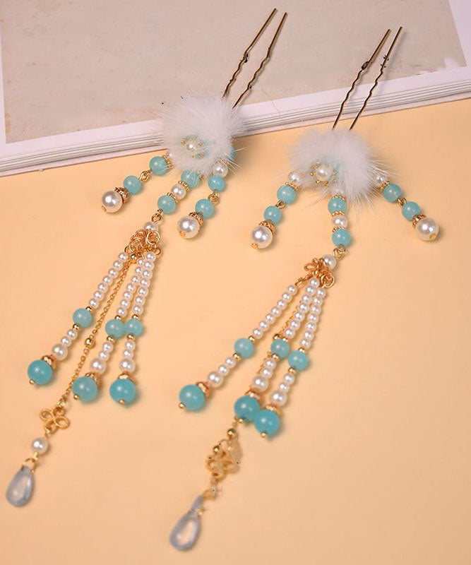 Chinese Style Blue Alloy Pearl Colored Glaze Mink Hair Hairpin Three-piece set
