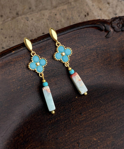 Chinese Style Blue Copper Overgild Zircon Turquoise Four-Leaf Clover Drop Earrings