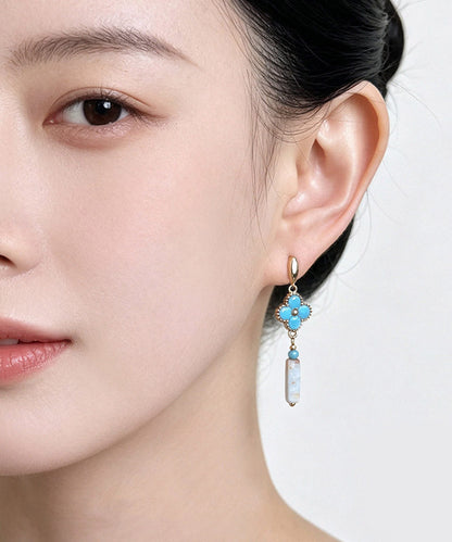 Chinese Style Blue Copper Overgild Zircon Turquoise Four-Leaf Clover Drop Earrings