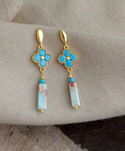 Chinese Style Blue Copper Overgild Zircon Turquoise Four-Leaf Clover Drop Earrings