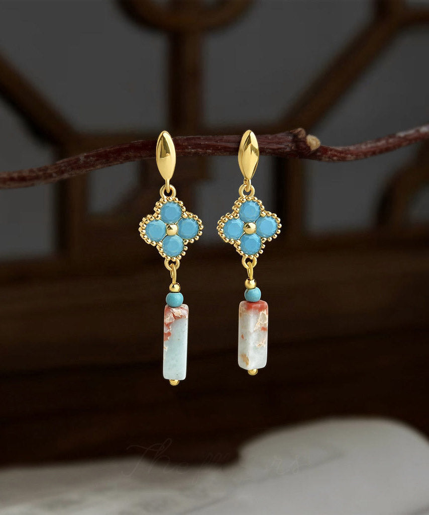 Chinese Style Blue Copper Overgild Zircon Turquoise Four-Leaf Clover Drop Earrings