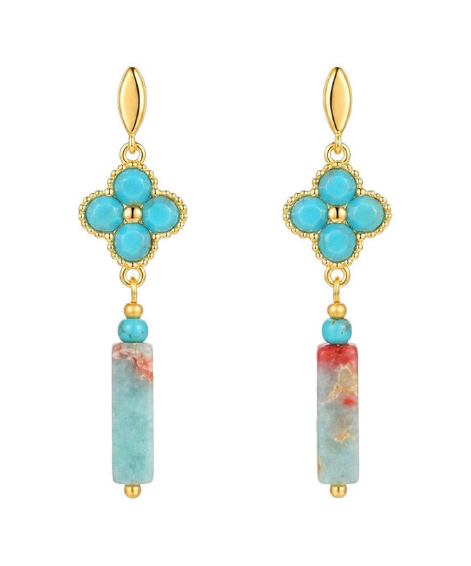 Chinese Style Blue Copper Overgild Zircon Turquoise Four-Leaf Clover Drop Earrings