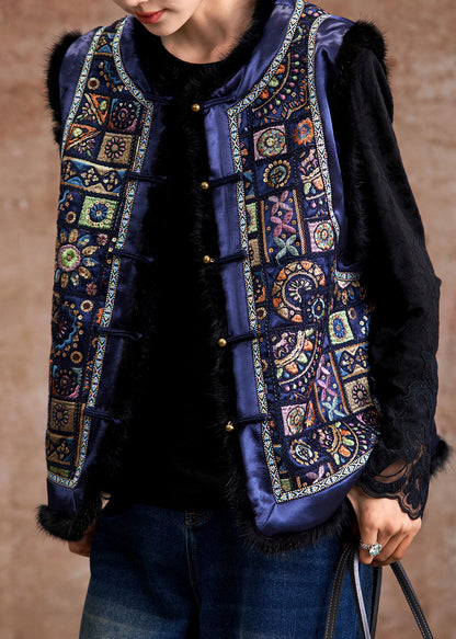 Chinese Style Blue Embroidered Button Mink Hair Waistcoat Sleeveless