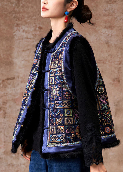 Chinese Style Blue Embroidered Button Mink Hair Waistcoat Sleeveless