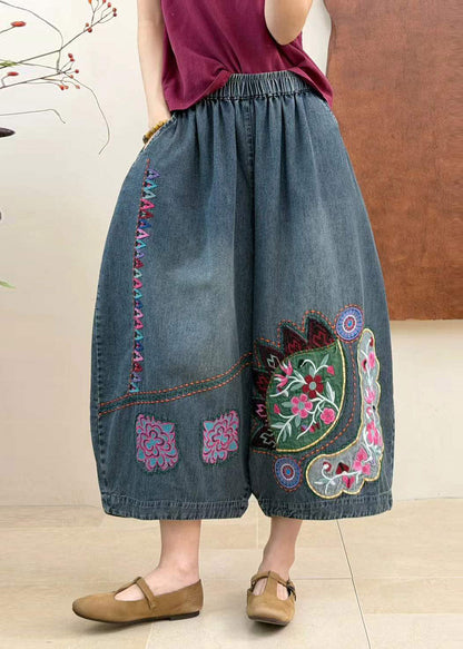 Chinese Style Blue Embroidered Elastic Waist Crop Jeans Fall
