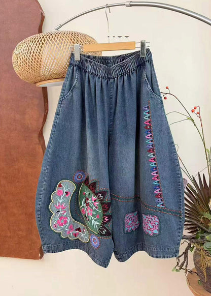 Chinese Style Blue Embroidered Elastic Waist Crop Jeans Fall