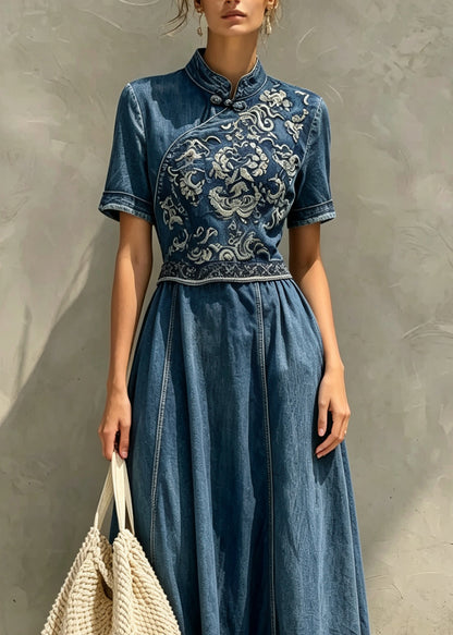 Chinese Style Blue Embroidered Patchwork Denim Long Dress Summer